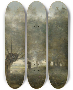 Triptych art skateboard deck of Jeanbaptistecamille Corot Les Saules La Pointe De Lile by Jean-Baptiste-Camille Corot (1796-1875)