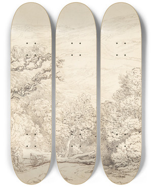 Triptych art skateboard deck of Thomas Rowlandson Landscape With Oxen And Felled Tree by Thomas Rowlandson (1756-1827)