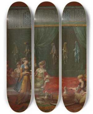 Triptych art skateboard deck of Jean Baptiste Vanmour Lyingin Room Of A Distinguished Turkish Woman by Jean Baptiste Vanmour (1671-1737)