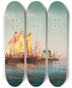 Triptych art skateboard deck of Charles Malfroy Ships In The Harbour by Charles Malfroy (1862-1918)