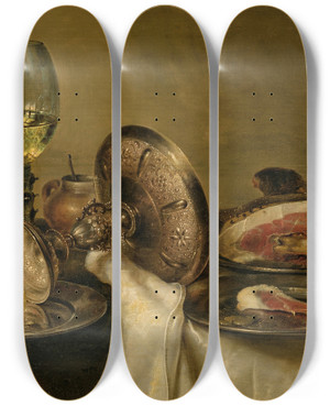 Triptych art skateboard deck of Willem Claesz Heda A Partially Draped Table With An Overturned Tazza Roemer And Glass Of Beer With A Partially Peeled Lemon And Ham On Pewter Plates by Willem Claesz Heda (1594-1680)