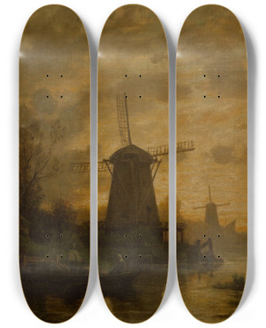 Triptych art skateboard deck of Auguste Anastasi Windmills In Schiedam by Auguste Anastasi (1820-1889)