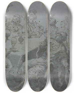 Triptych art skateboard deck of Leonaert Bramer Banquet Of Belshazzar by Leonaert Bramer (1596-1674)