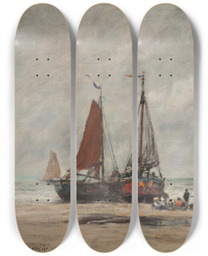 Triptych art skateboard deck of Eugne Boudin Bateaux De Pche Schveningue by Eugene Boudin (1824-1898)