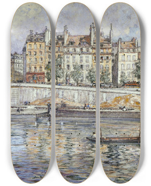 Triptych art skateboard deck of Frdric Houbron Le Quai De Lhteldeville Et Le Pont Louisphilippe by Frederic Houbron (1851-1908)