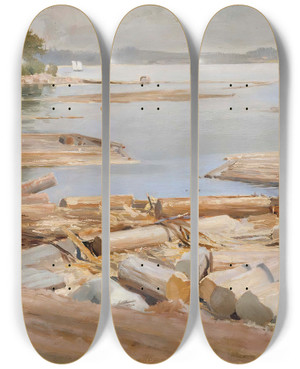 Triptych art skateboard deck of Albert Edelfelt Log Raft by Albert Edelfelt (1854-1905)