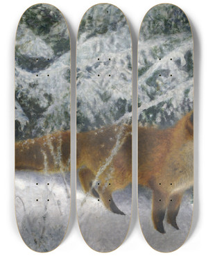 Triptych art skateboard deck of Bruno Liljefors Fox In Winter by Bruno Liljefors (1860-1939)
