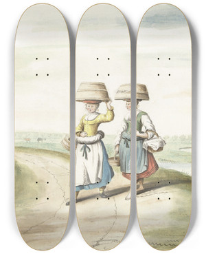 Triptych art skateboard deck of Gesina Ter Borch Twee Boerenvrouwen Lopend In Een Landschap by Gesina Ter Borch (1633-1690)