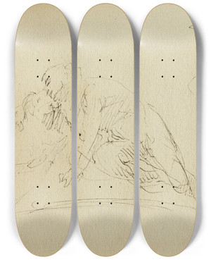 Triptych art skateboard deck of Jeanbaptiste Carpeaux Etude De Deux Personnes Enlaces Et Dun Buste Dhomme Portant Un Chapeau by Jean-Baptiste Carpeaux (1827-1875)