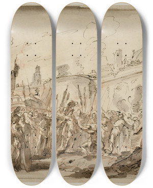 Triptych art skateboard deck of Giovanni Antonio Pellegrini Julius Csar Modtager Pompeius Afhuggede Hoved by Giovanni Antonio Pellegrini (1675-1741)