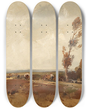 Triptych art skateboard deck of Ludwig Willroider Working In The Fields In Autumn by Ludwig Willroider (1845-1910)