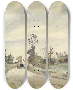 Triptych art skateboard deck of Camille Pissarro Louveciennes Route De Saintgermain by Camille Pissarro (1830-1903)