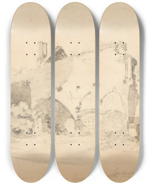 Triptych art skateboard deck of Cornelius Varley Raglan Castle by Cornelius Varley (1781-1873)