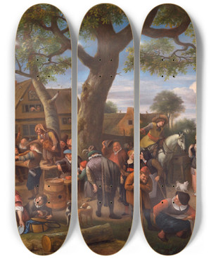 Triptych art skateboard deck of Jan Steen Peasants Merrymaking Outside An Inn by Jan Steen (1626-1679)