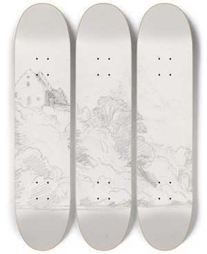 Triptych art skateboard deck of Hans Gude Hus Utenfor Berlingen by Hans Gude (1825-1903)