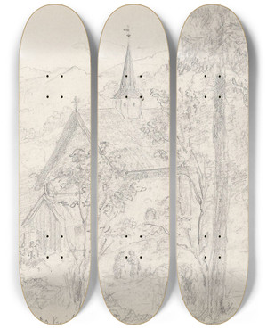 Triptych art skateboard deck of Adolph Tidemand Seljord Kirke by Adolph Tidemand (1814-1876)