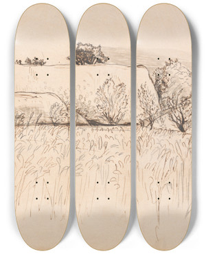Triptych art skateboard deck of Samuel Palmer Cornfields With Barn Shoreham by Samuel Palmer (1805-1881)