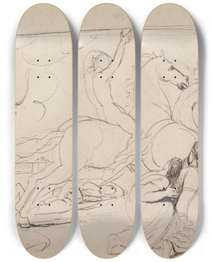 Triptych art skateboard deck of George Romney The Destruction Of Niobes Children by George Romney (1734-1802)