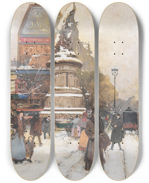 Triptych art skateboard deck of Eugne Galienlaloue The Place De Clichy In Snow Paris by Eugene Galien Laloue (1854-1941)