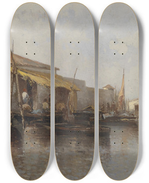 Triptych art skateboard deck of Leontine Von Littrow In Der Lagune by Leontine Von Littrow (1860-1914)