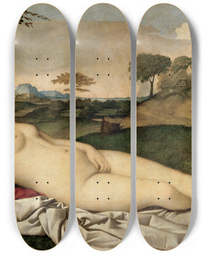 Triptych art skateboard deck of Giorgione Sleeping Venus by Giorgione (1477-1510)