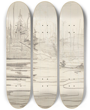Triptych art skateboard deck of Winslow Homer Canoes On A Lake by Winslow Homer (1836-1910)