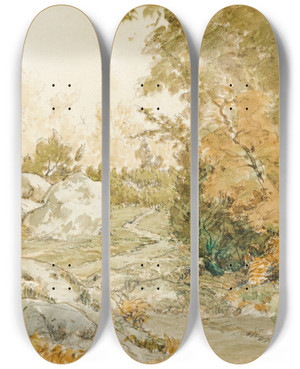 Triptych art skateboard deck of Thodore Rousseau The Road To Paris In Fontainebleau Forest by Theodore Rousseau (1812-1867) Triptych art skateboard deck of Thodore Rousseau The Road To Paris In Fontainebleau Forest by Theodore Rousseau (1812-1867)