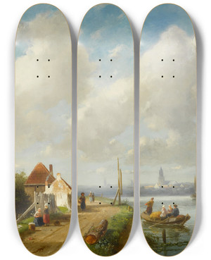 Triptych art skateboard deck of Charles Leickert Fishing Folk In A Dutch Village by Charles Leickert (1816-1907)