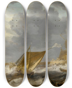 Triptych art skateboard deck of Bonaventura Peeters The Elder Vessels And A Rowing Boat On Choppy Waters Near A Small Harbor Town With A Windmill Possibly Hoboken by Bonaventura Peeters The Elder (1614-1652)