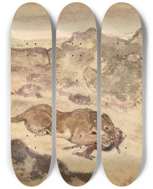 Triptych art skateboard deck of Antoinelouis Barye Liondevouring A Gazelle by Antoine-Louis Barye (1796-1875)