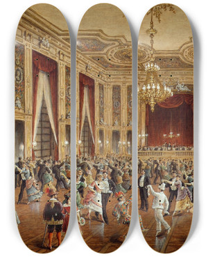 Triptych art skateboard deck of Gustav Zafaurek Das Schndorfcolosseum Maskenball In Schwenders Colosseum by Gustav Zafaurek (1841-1908)