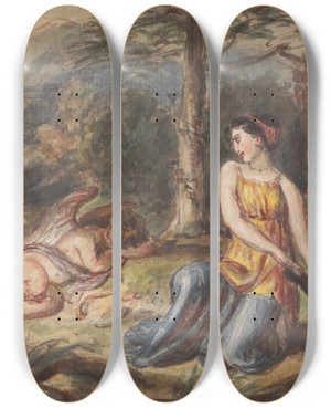Triptych art skateboard deck of Robert Smirke Diana Goddess Of The Hunt With Satyrs Sleeping Cupid And A Pegasus In A Wooded Landscape by Robert Smirke (1752-1845)