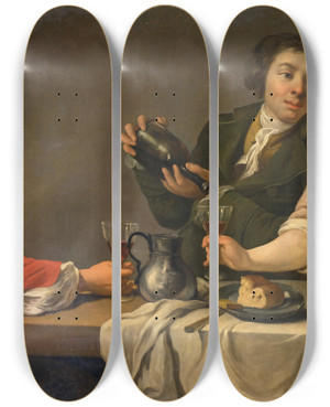 Triptych art skateboard deck of French School Two Young Men And A Woman Holding A Child Seated At A Table Drinking Wine by French School (16-19-)