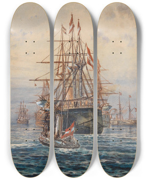 Triptych art skateboard deck of Gyrgy Greguss Emperor Francis Joseph I On Board The Casemate Ship Archduke Albrecht by Gyorgy Greguss (1860-1908)