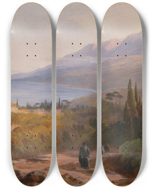 Triptych art skateboard deck of Edward Lear Mount Athos And The Monastery Of Stavroniktes by Edward Lear (1812-1888)