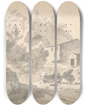 Triptych art skateboard deck of Adam Pynacker A House On A Hillside In A Southern Landscape by Adam Pynacker (1615-1673)