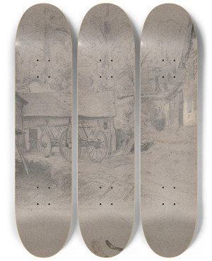 Triptych art skateboard deck of Jakob Frchtegott Dielmann Bauernhof Links An Den Stllen Bei Dem Mist Steht Ein Leiterwagen Rechts Das Wohnhaus Mit Zaun Im Hintergrund Bume by Jakob Furchtegott Dielmann (1809-1885)