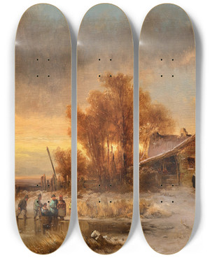 Triptych art skateboard deck of Anton Doll A Snowy Pond At Sunset by Anton Doll (1826-1887)