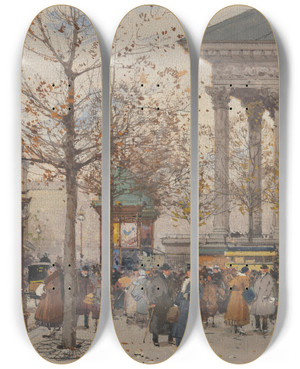 Triptych art skateboard deck of Eugne Galienlaloue Vue Anime De La Madeleine by Eugene Galien Laloue (1854-1941)