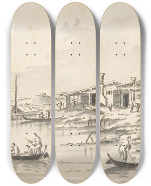 Triptych art skateboard deck of Giacomo Guardi The Tower At Marghera by Giacomo Guardi (1764-1835)