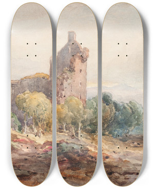 Triptych art skateboard deck of William Leighton Leitch A Ruined Castle On A Lake by William Leighton Leitch (1804-1883)