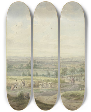 Triptych art skateboard deck of Jacobus Buys Weite Landschaft Mit Der Kornernte by Jacobus Buys (1724-1801)