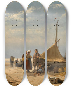 Triptych art skateboard deck of Johannes Hermanus Barend Koekkoek On The Beach by Johannes Hermanus Barend Koekkoek (1840-1912)