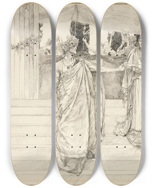 Triptych art skateboard deck of Edwin Austin Abbey Hermione Entreats Polixenes Act I Scene Ii The Winterstale by Edwin Austin Abbey (1852-1911)