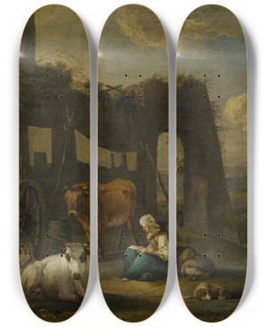 Triptych art skateboard deck of Willem Romeyn Italian Landscape With Staffage Figures by Willem Romeyn (1624-1694)
