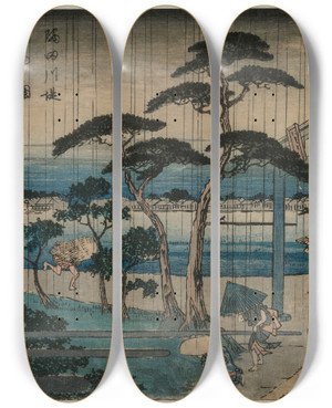 Triptych art skateboard deck of And Hiroshige Picture Of Light Rain On The Embankment Of The Sumida River From The Series A New Selection Of Famous Places In Edo by Ando Hiroshige (1797-1858)