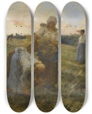 Triptych art skateboard deck of Lon Augustin Lhermitte Glaneuses Le Soir by Lon Augustin Lhermitte (1844-1925)