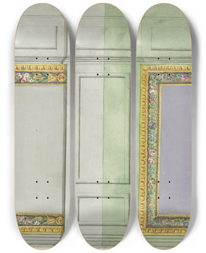 Triptych art skateboard deck of Abraham Meertens Ontwerp Voor Kamerversiering Met Twee Rechthoekige Panelen In Paars En Grijs by Abraham Meertens (1747-1823)