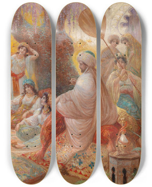 Triptych art skateboard deck of Stephan Sedlacek Orientalische Haremsszene by Stephan Sedlacek (1868-1936)