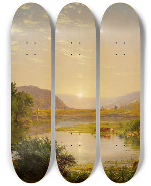 Triptych art skateboard deck of Jasper Francis Cropsey Preparing The Boats At Greenwood Lake by Jasper Francis Cropsey (1823-1900)